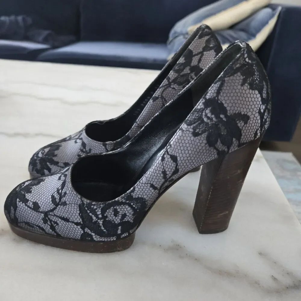 Gucci Black Grey Floral Lace and Satin Platform Round Toe Pumps Size 39 - Picture 5 of 10